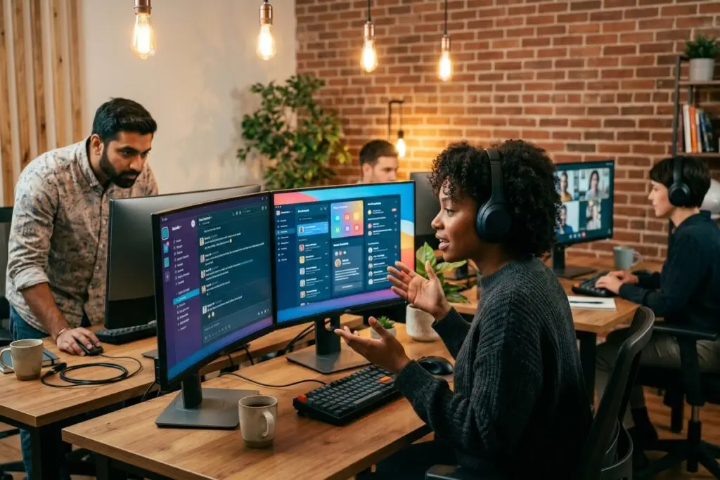 Remote team members collaborating using Slack alternatives on laptops and mobile devices
