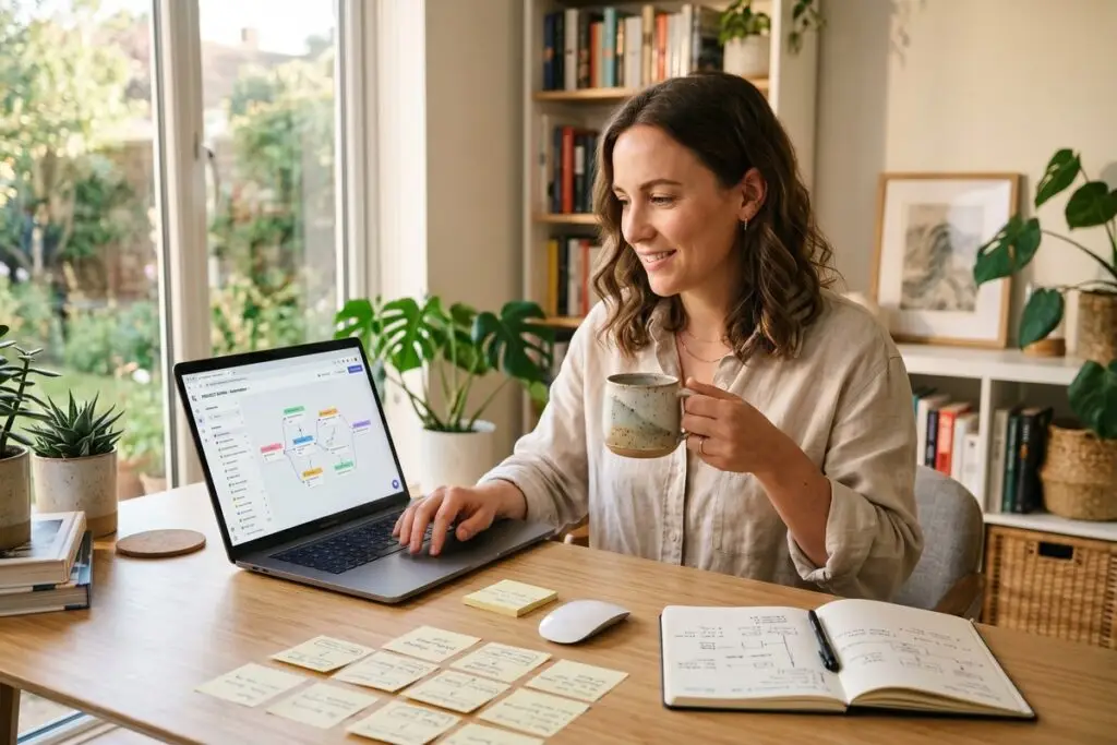 Non-technical founder using a no-code AI agent builder on a laptop