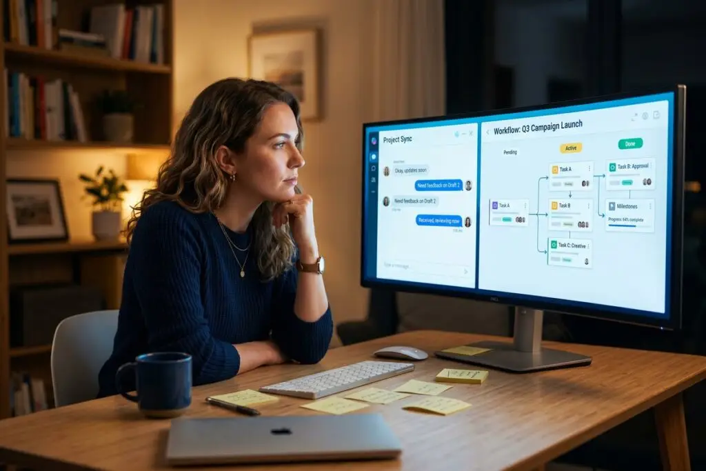 Side-by-side comparison of an AI agent and an AI assistant on a digital interface screen