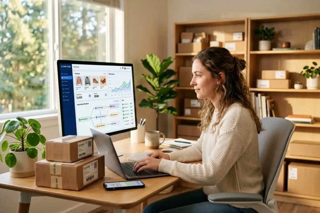 E-commerce store owner reviewing AI automation workflows on a laptop dashboard