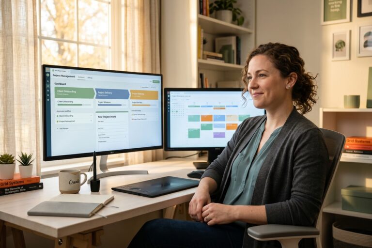 Freelance designer using AI automation tools to streamline client onboarding on a laptop