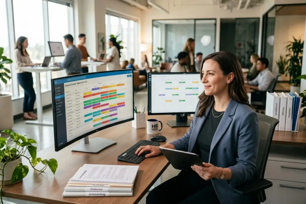 HR professional using AI automation tools for onboarding scheduling and compliance management