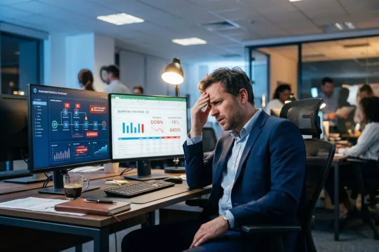 Business owner reviewing AI automation mistakes on a dashboard screen