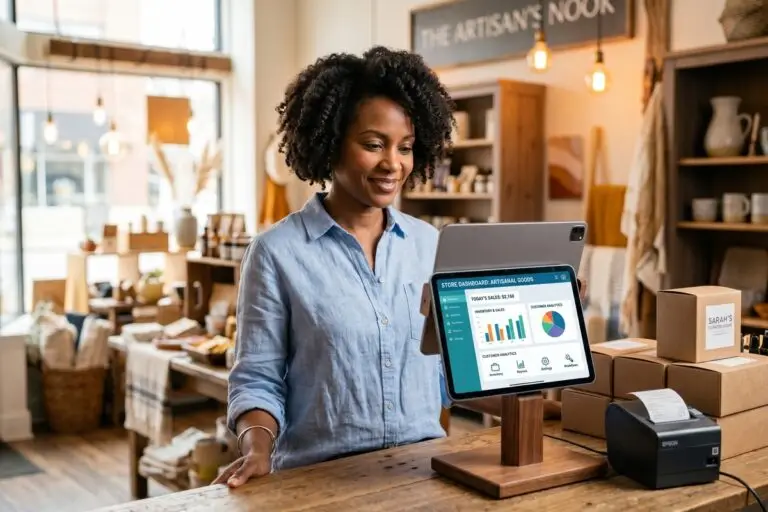 Small business owner using AI automation tools on a laptop in 2026