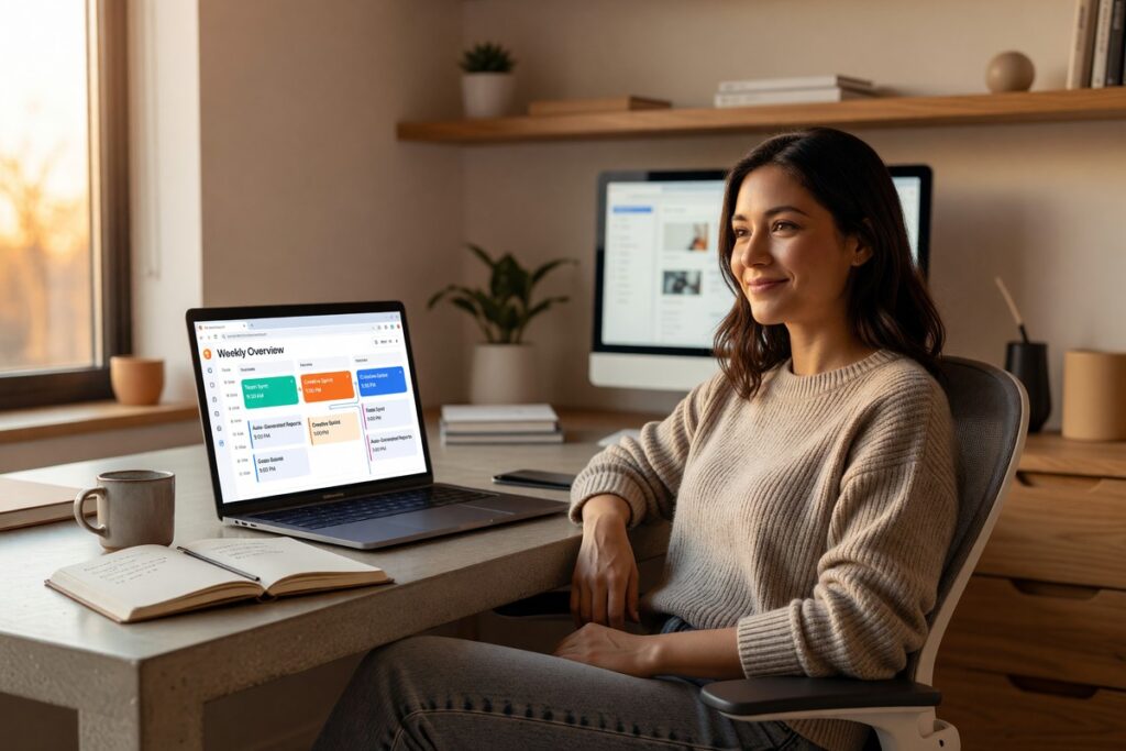 Freelance designer using AI scheduling tools to automate admin work on a laptop