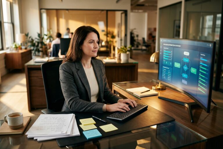 AI workflow automation dashboard compared to manual process checklist on a desk
