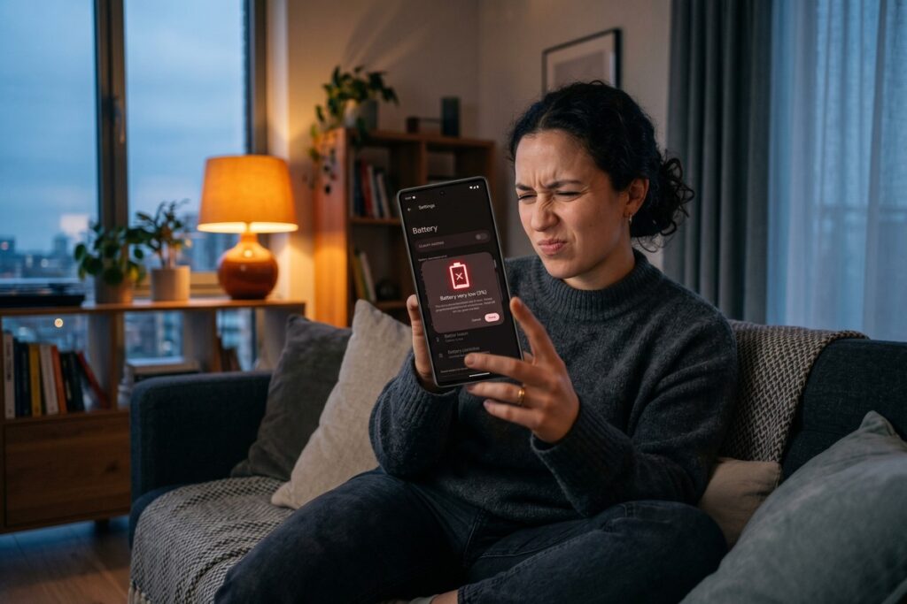 Android phone showing low battery warning with settings screen open for battery drain fix