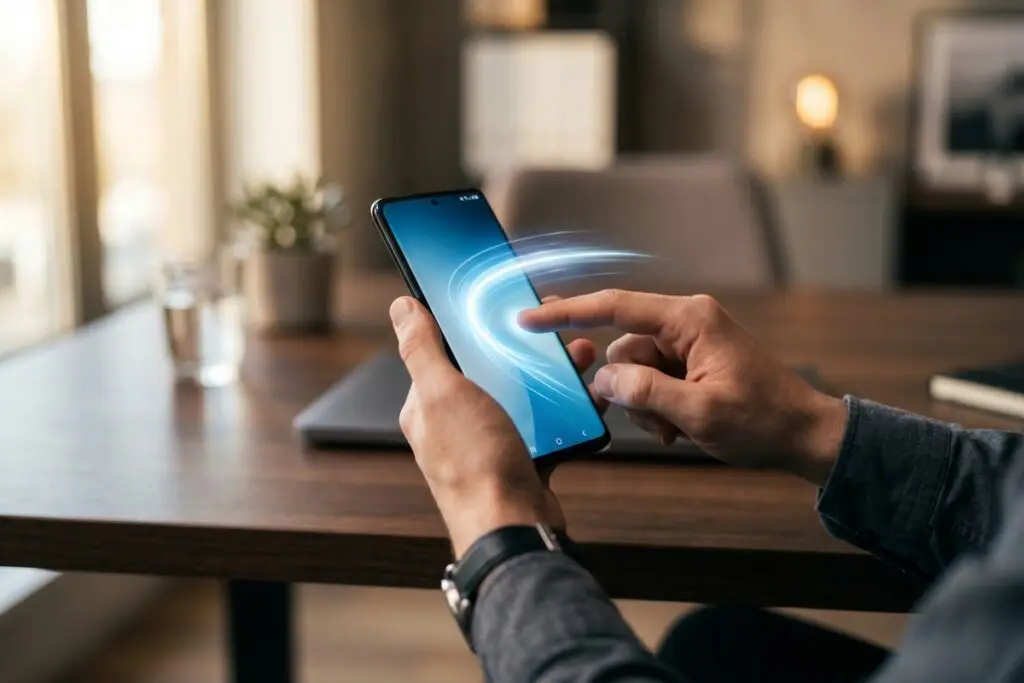 Person using Android gesture controls to navigate smartphone quickly