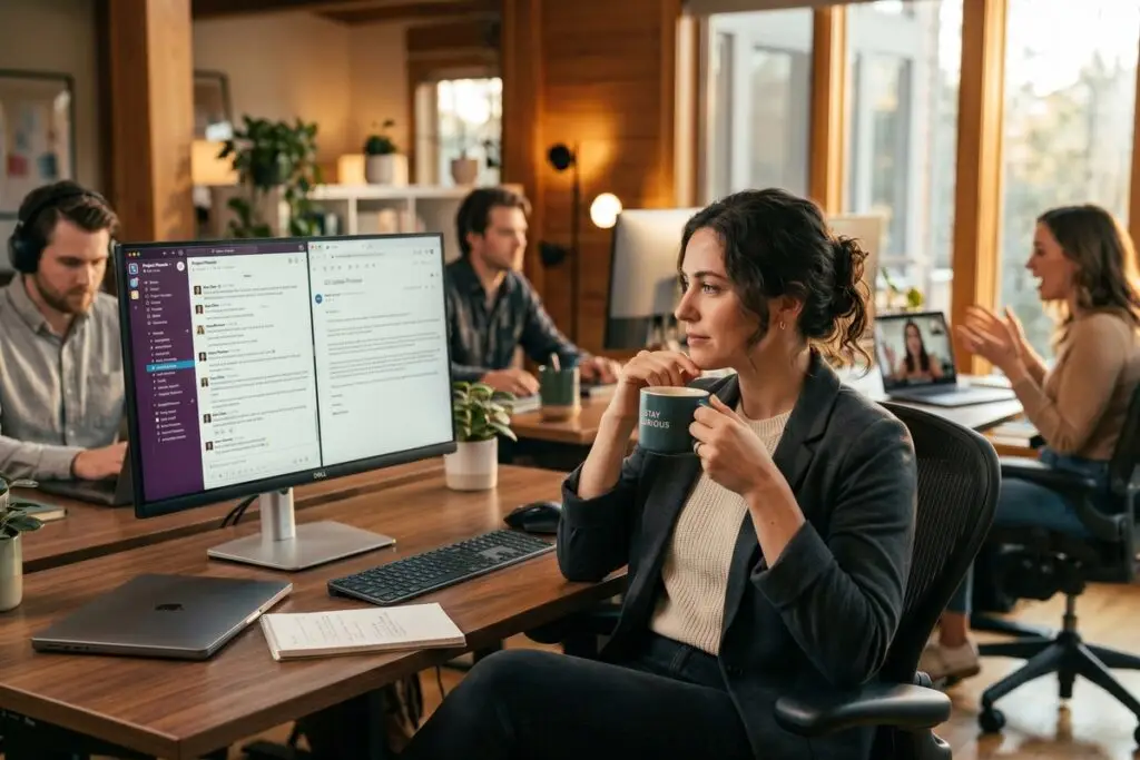 Side-by-side comparison of async messaging and real-time chat interfaces on a laptop screen in a modern office setting
