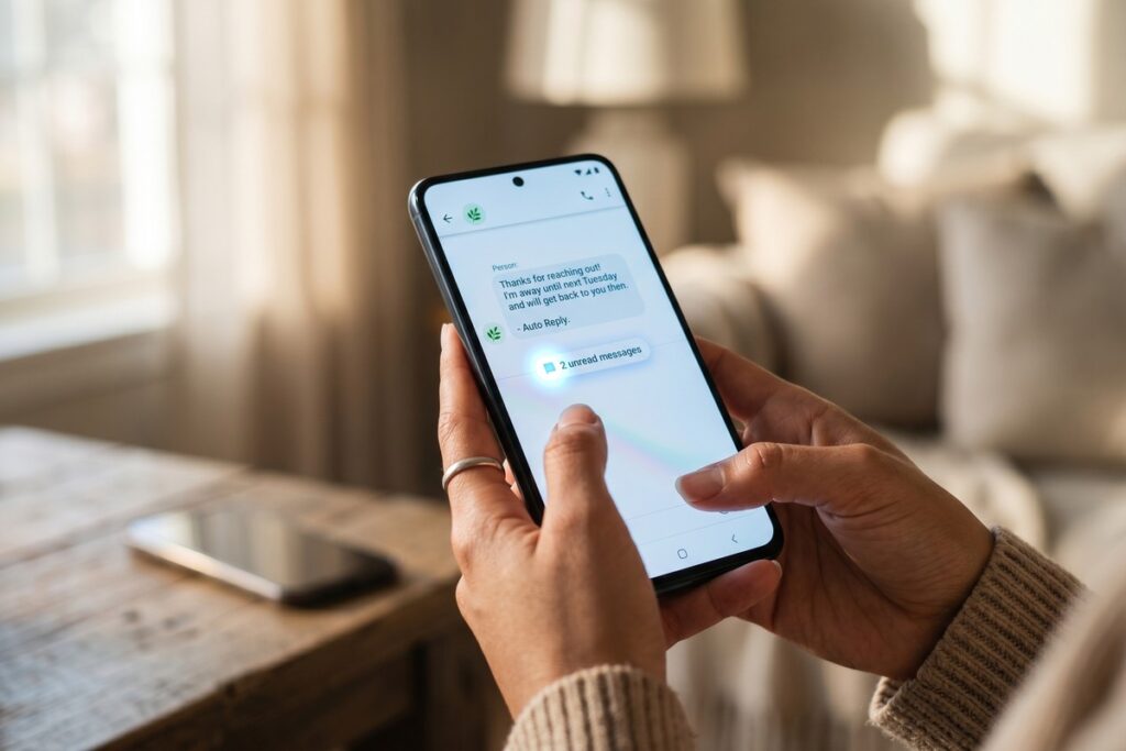 Person setting up auto-reply texts on a smartphone without a third-party app