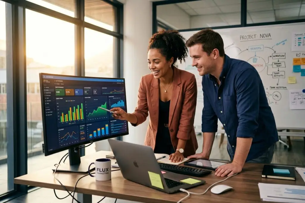 Boutique marketing agency team reviewing automated AI-generated client reports on a laptop dashboard
