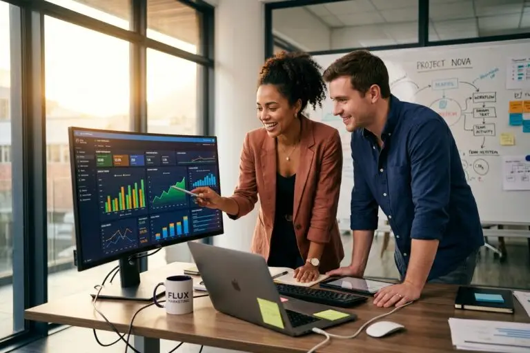Boutique marketing agency team reviewing automated AI-generated client reports on a laptop dashboard