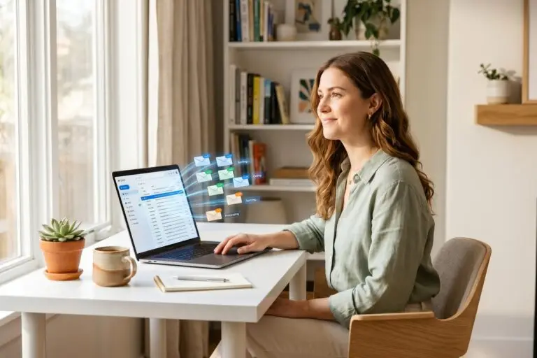 Person using AI tools to automate their email inbox on a laptop with organized message categories on screen