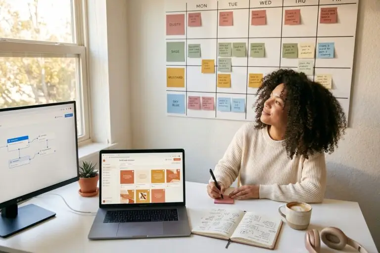Marketer automating a social media content calendar on a laptop while reviewing brand voice guidelines