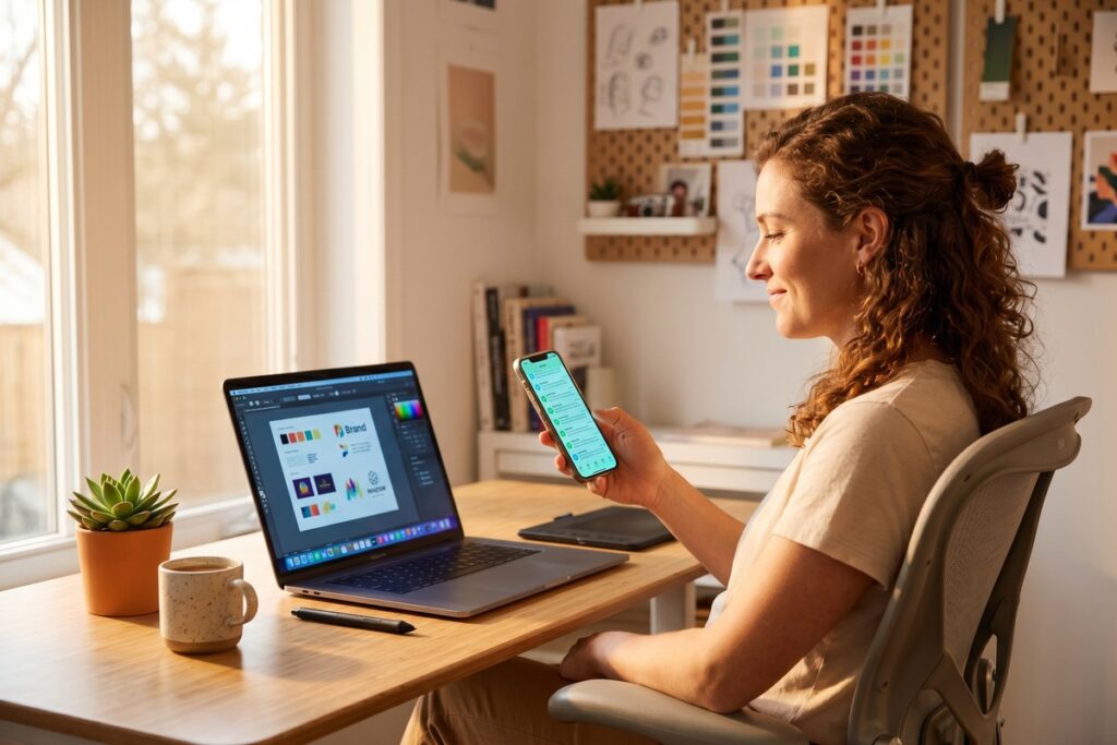 Freelance designer using automated messaging tools to manage client responses faster on a laptop