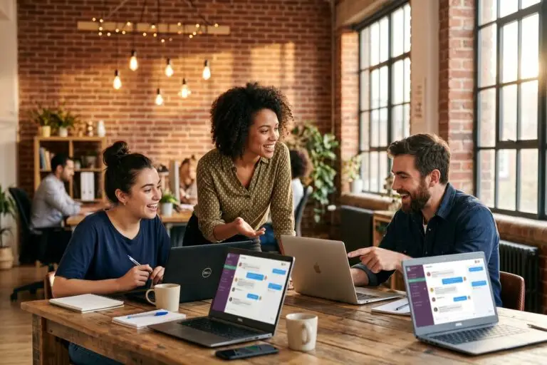 Team collaborating using affordable Slack alternative messaging tools on laptops