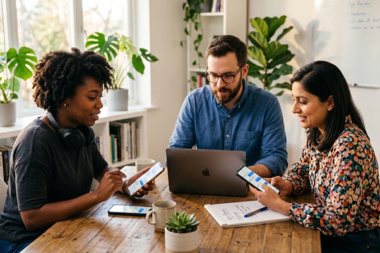 Remote team members using WhatsApp alternatives on laptops and smartphones for business communication