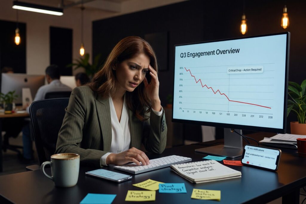 Brand online reach mistakes shown through a declining graph on a digital marketing dashboard