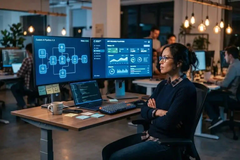 Side-by-side comparison of building custom AI automation versus buying a pre-built solution for business