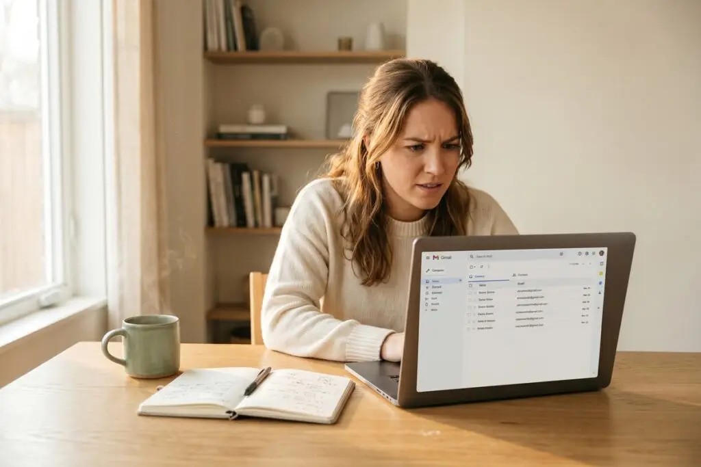 Person reviewing common building email list mistakes on a laptop with email marketing dashboard