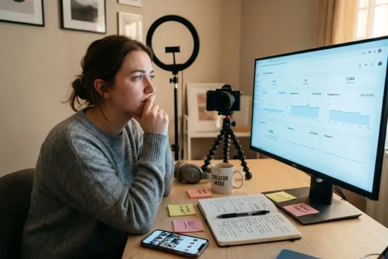 Creator reviewing analytics on laptop highlighting common building online audience mistakes