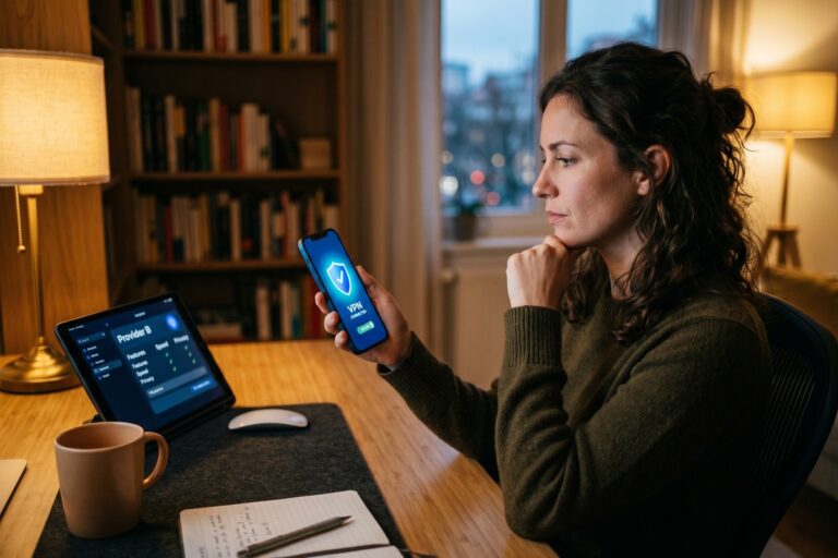 Side-by-side comparison of a built-in phone VPN setting and a paid VPN app on a smartphone screen