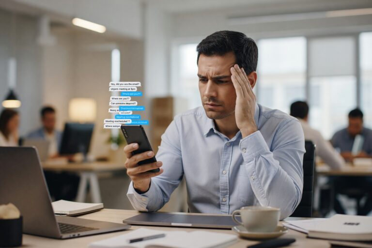 Team members making business group chat mistakes on their devices in a workplace setting