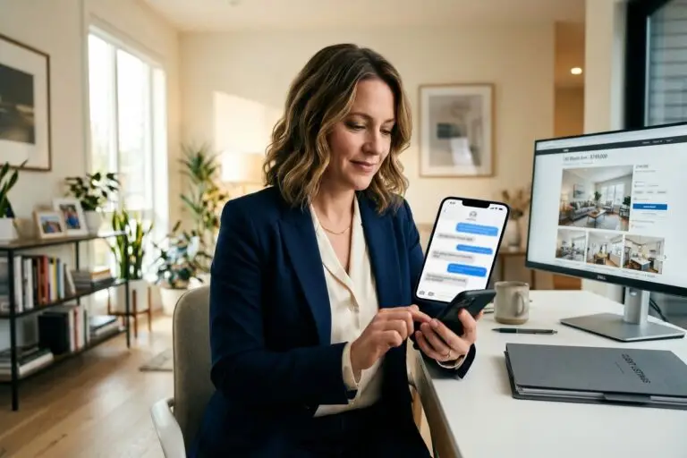Real estate agent using a business texting platform on a smartphone to message clients and leads