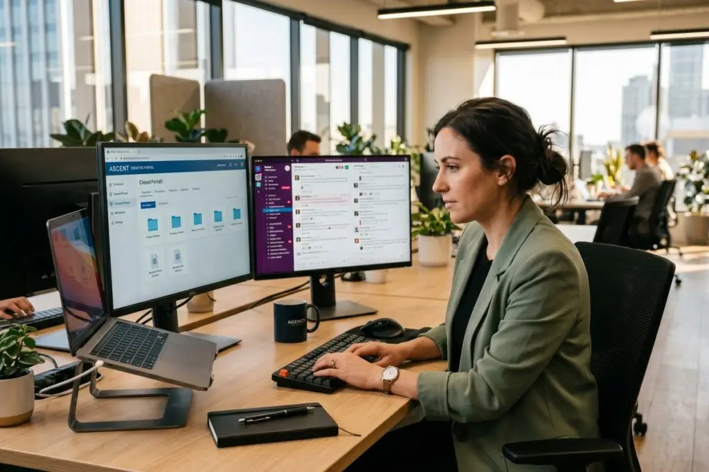 Side-by-side comparison of a client portal dashboard and a messaging app interface on a laptop screen