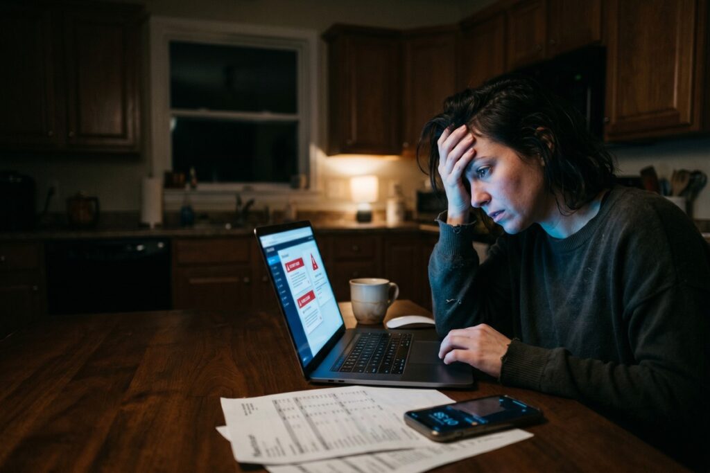 Person looking at a laptop screen showing a data breach alert warning
