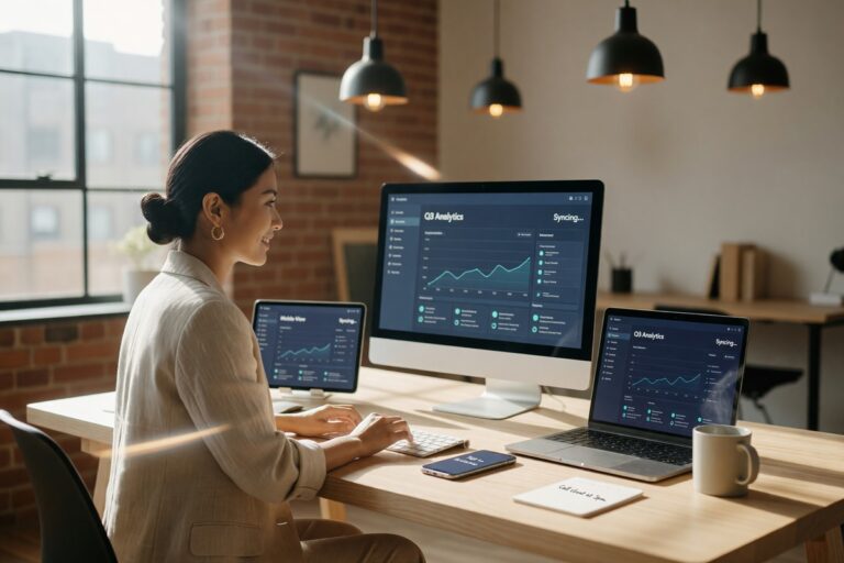 Person managing a cross-platform digital presence across multiple devices and channels
