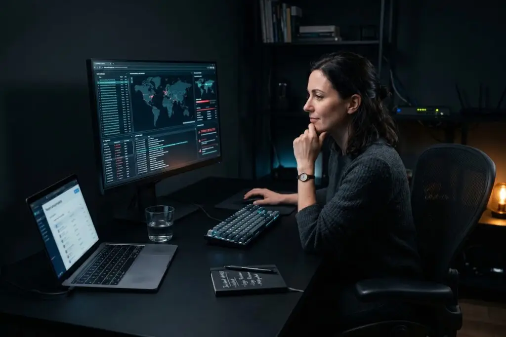 Person reviewing dark web monitoring tools on a laptop screen for digital security