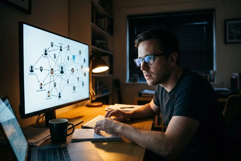 Person reviewing their digital footprint on a laptop screen during a personal cybersecurity audit