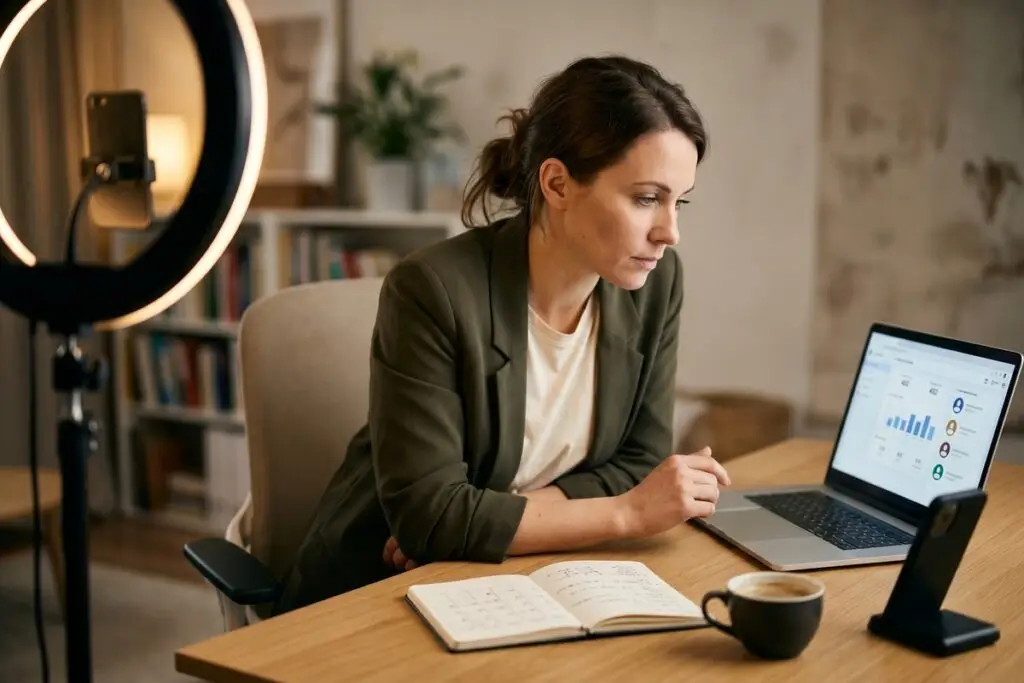 Coach or consultant working on a laptop to build digital reach from zero audience