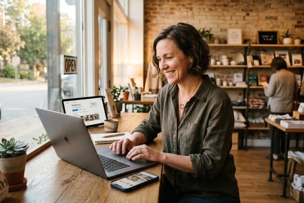 Local service business owner learning digital reach strategies on a laptop