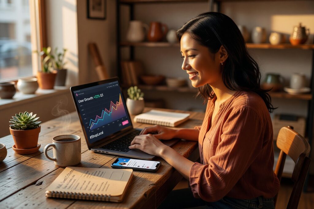 Small business owner building digital reach using organic marketing strategies on a laptop