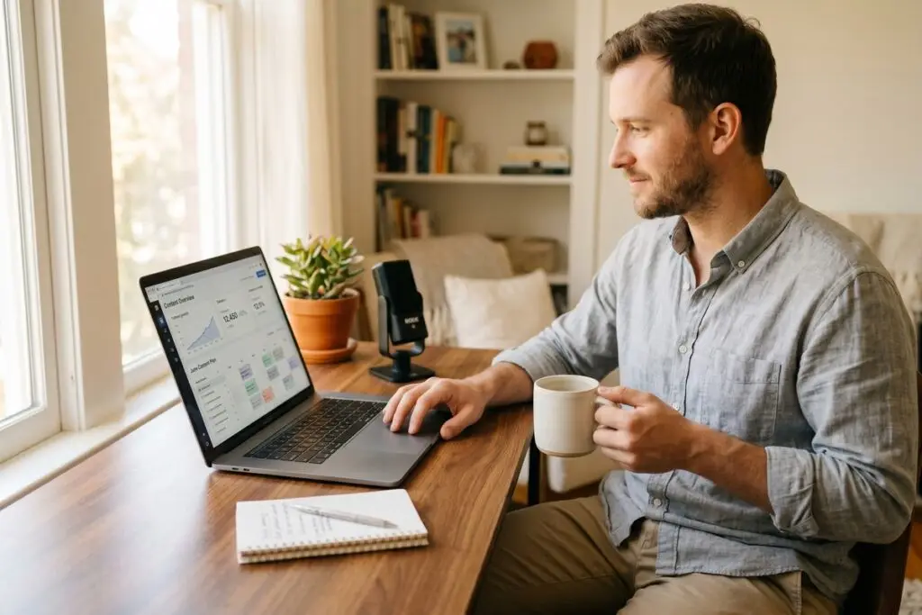 Solopreneur working calmly at a desk building digital reach without burnout