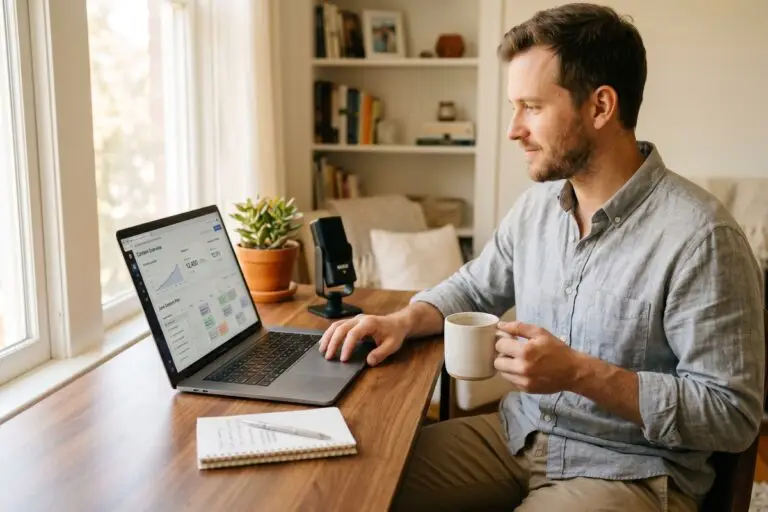 Solopreneur working calmly at a desk building digital reach without burnout
