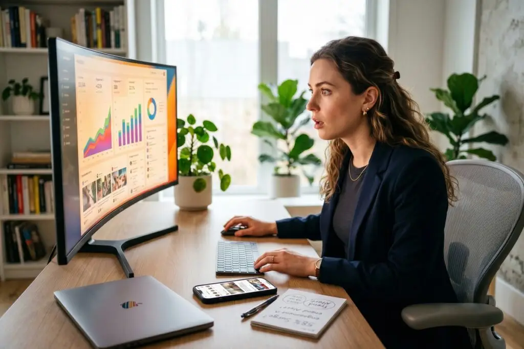 Marketer reviewing digital reach trends and strategy changes in 2026 on a laptop