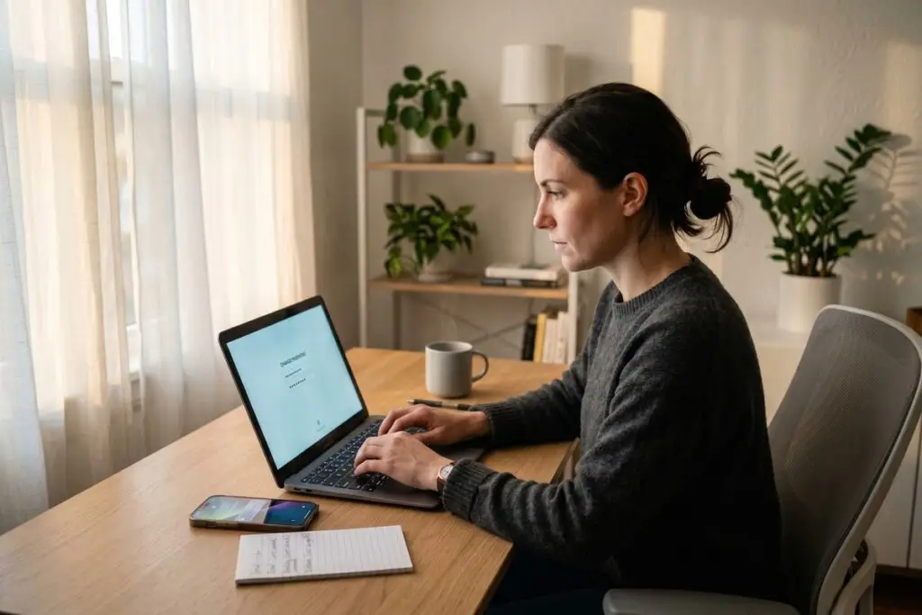 Person securing digital accounts on laptop after a breakup or divorce