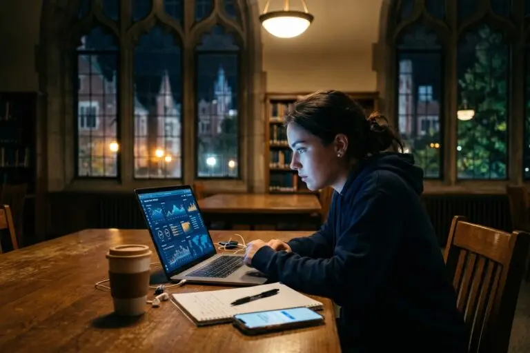 College student using laptop on campus network with digital security protection icons overlay