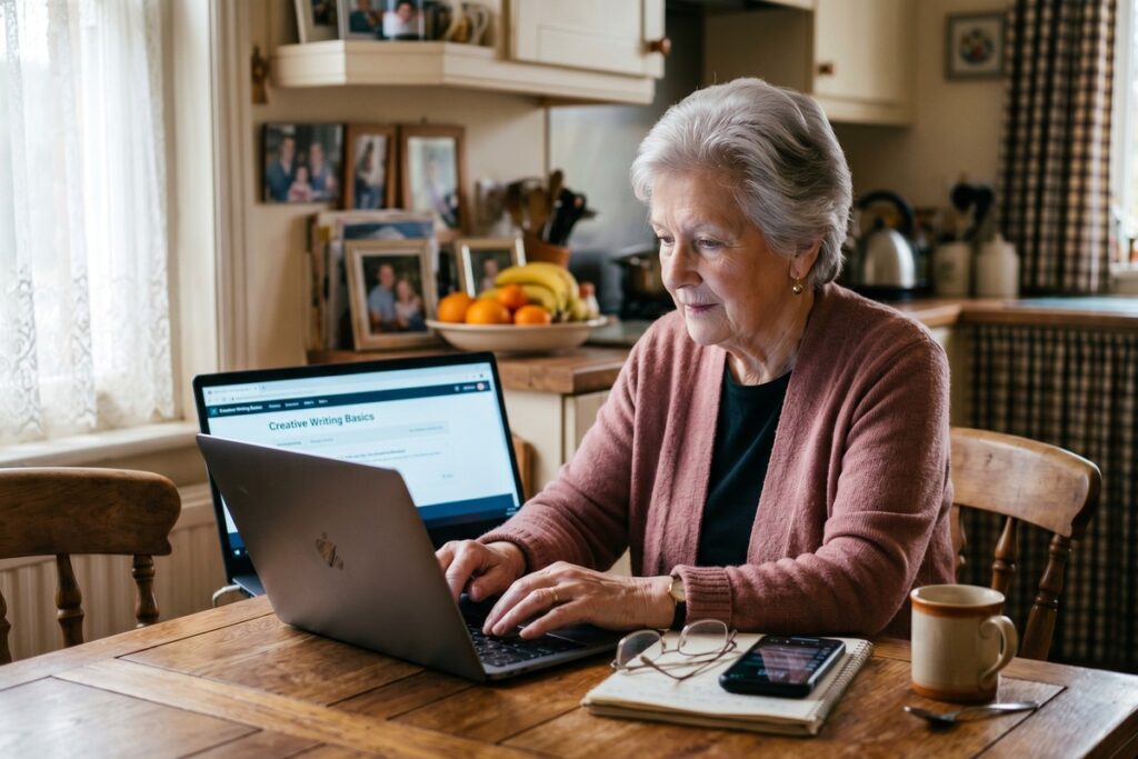 Senior woman learning digital security tips on a laptop at home