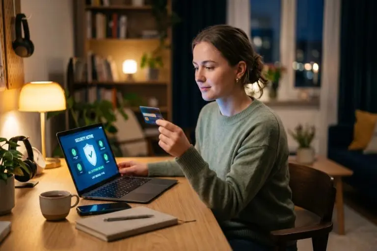 Person using laptop with a padlock icon symbolizing affordable digital security on a budget