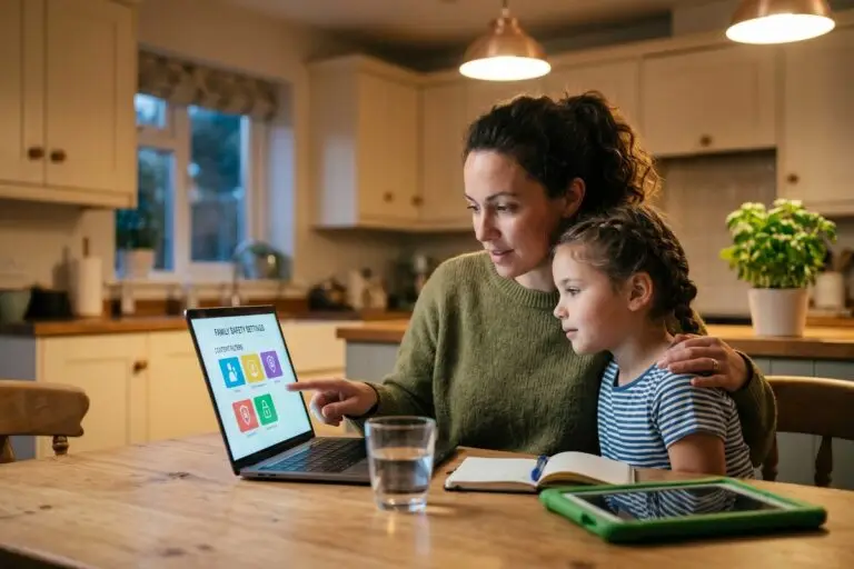 Parent and child sitting together at a laptop reviewing online safety and privacy settings