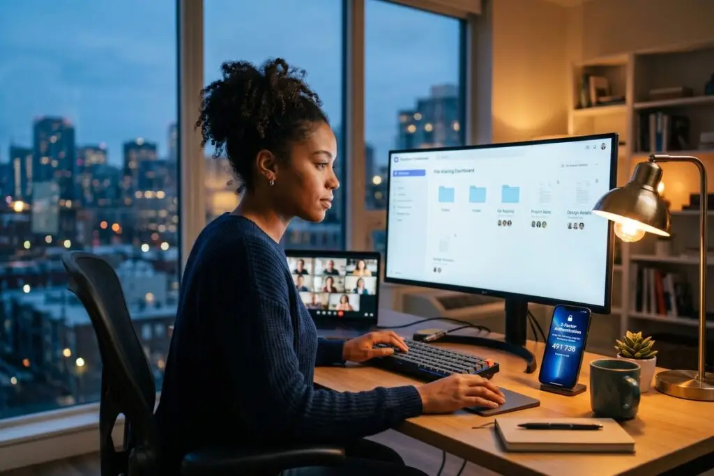Remote team members collaborating securely online with digital security tools protecting shared files