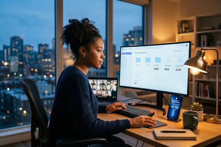 Remote team members collaborating securely online with digital security tools protecting shared files