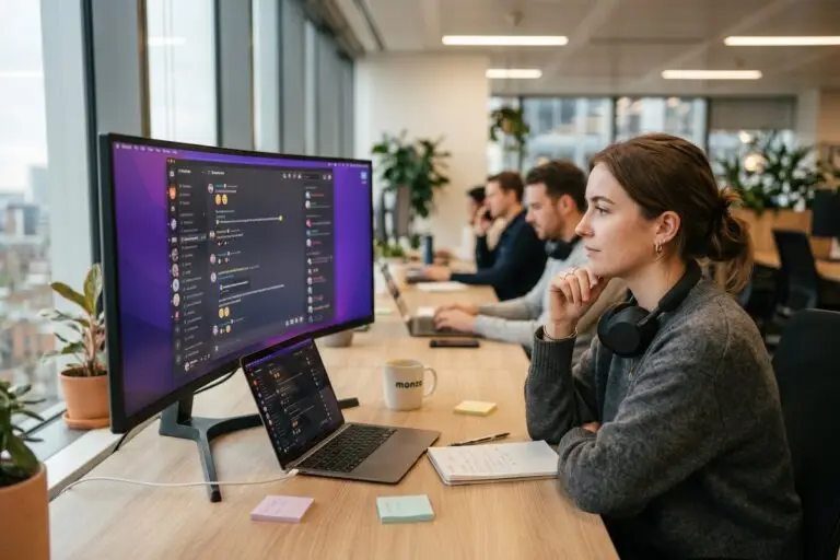 A business team using Discord for workplace communication on laptops and desktop screens