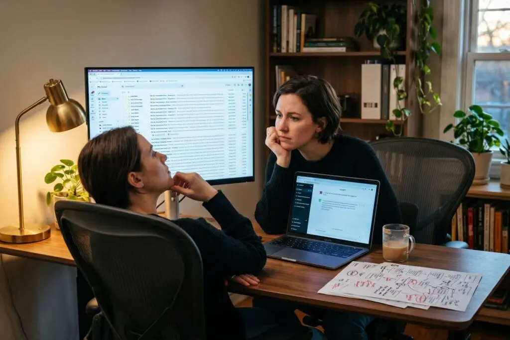 Person reviewing AI-automated email outreach campaign mistakes on a laptop screen