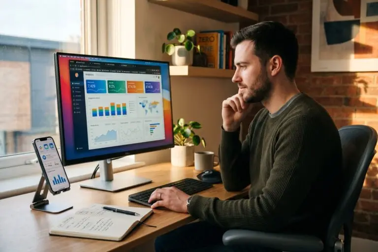 marketer using advanced expand digital reach tactics on a laptop without creating new content