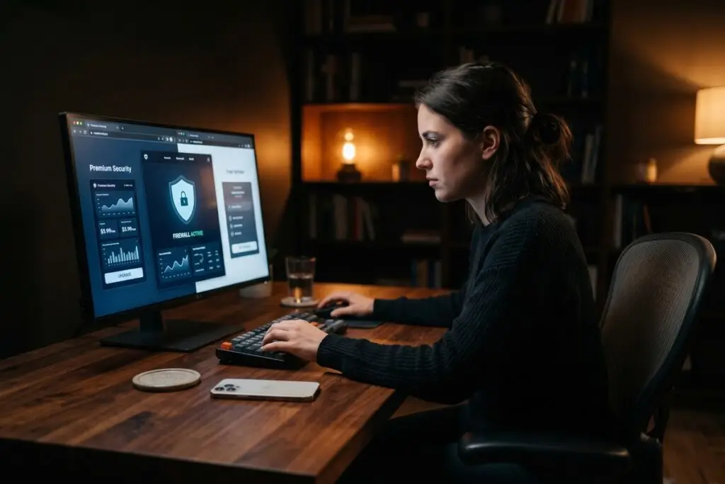 Side-by-side comparison of free vs paid VPN on a laptop screen highlighting security and privacy features